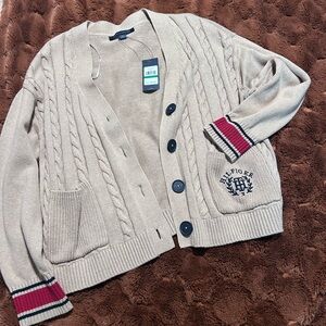 NWT Tommy Hilfiger Cable Knit Cardigan Sweater Beige Crest Logo Women’s Large